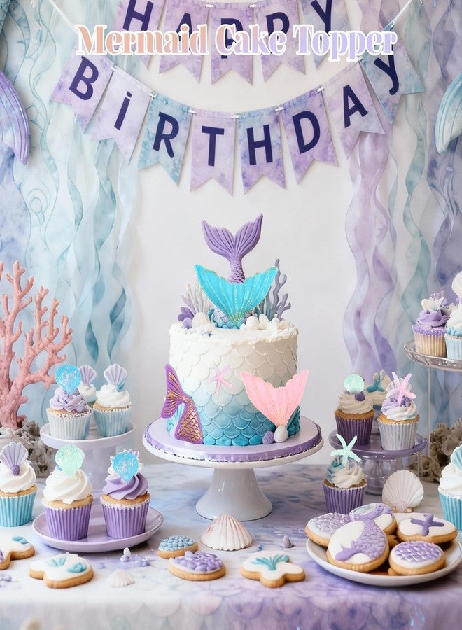 Wootkey 16Pcs Mermaid Cake Topper Mermaid Tail Cake Decorations with Seaweed Shells for Sea Ocean Theme Wedding Birthday Party Supplies - Image 4